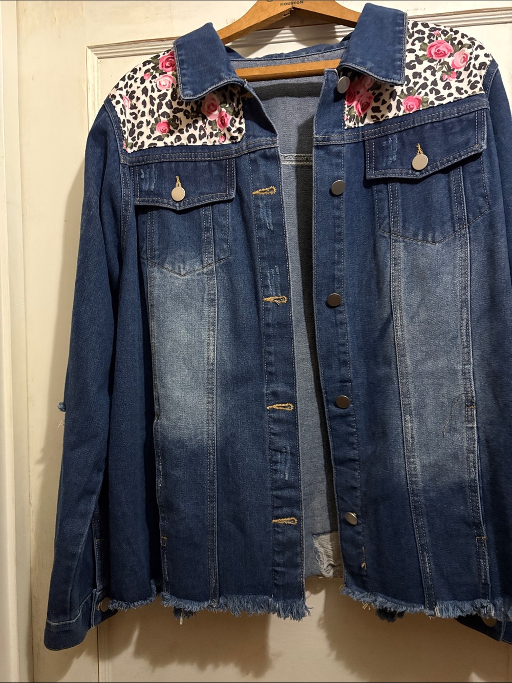 Denim Jacket with Floral Leopard Yoke